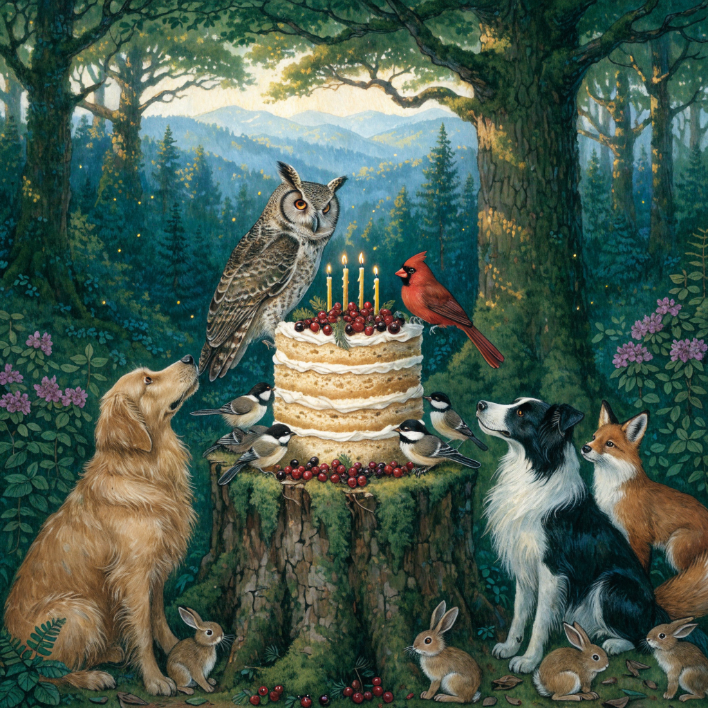 A painterly Blue Ridge clearing at dusk: a woodland birthday cake glowing on a tree stump, surrounded by an owl, songbirds, dogs, a fox, and other forest friends.